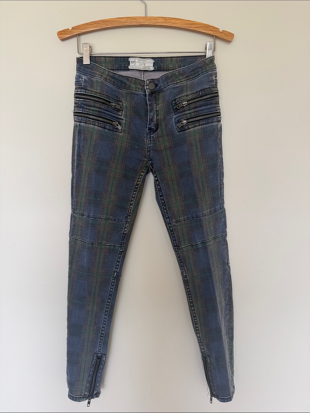 Free People Green Blue Plaid Skinny Jeans with Zip Details